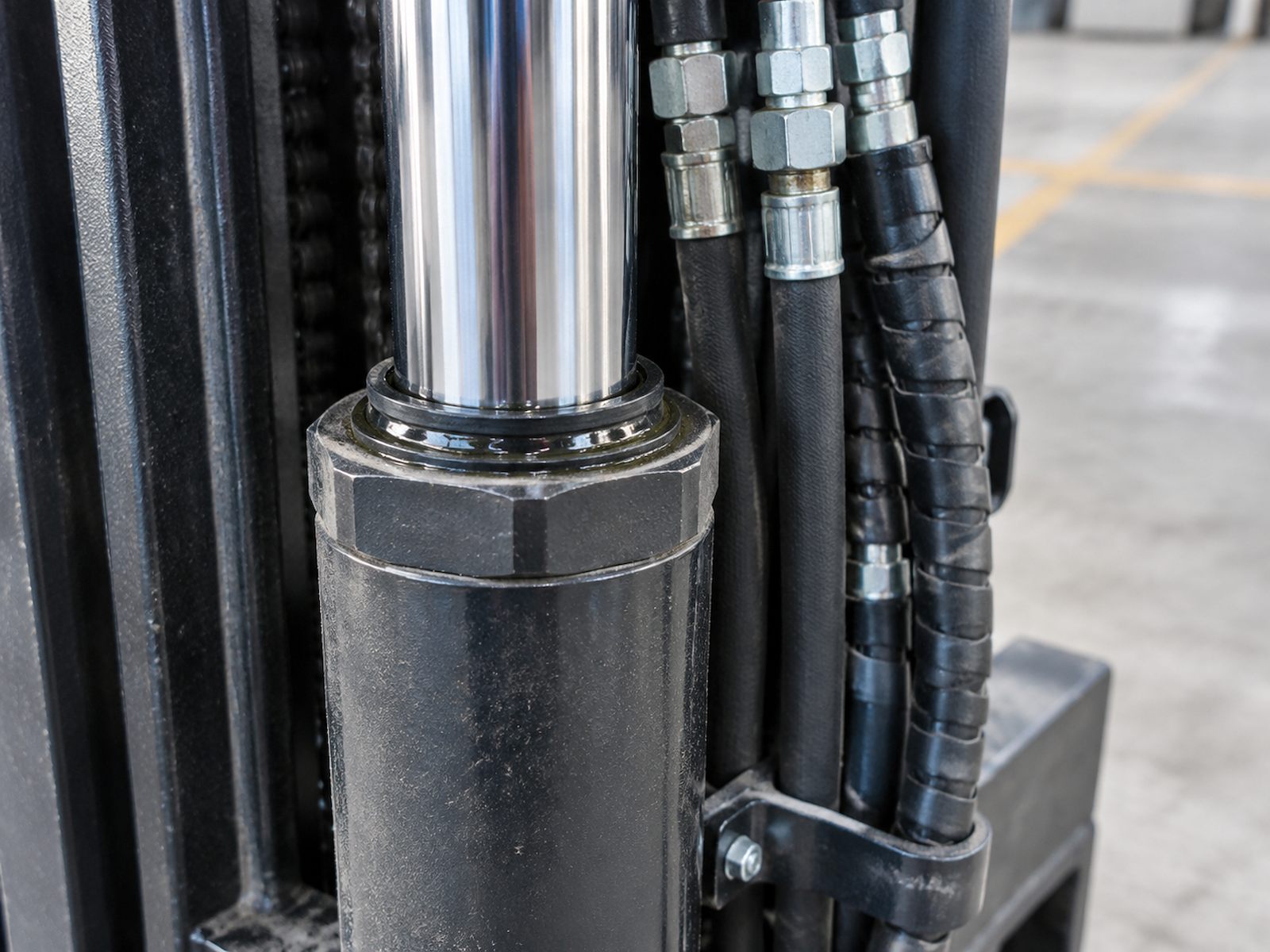 Close-up of a forklift hydraulic lift cylinder rod seal and high pressure hoses on the mast, where an oil weep first shows