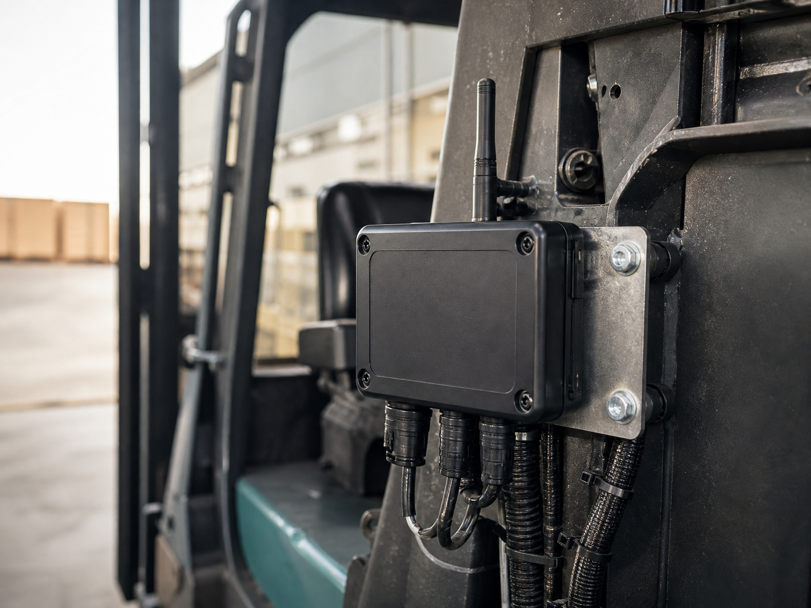 Telematics control module with antenna and sealed connectors mounted on an electric forklift, the hardware side of a fleet data programme